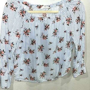 #8 Junior’s Cropped 3/4 Sleeve Light Blue Striped Floral Blouse